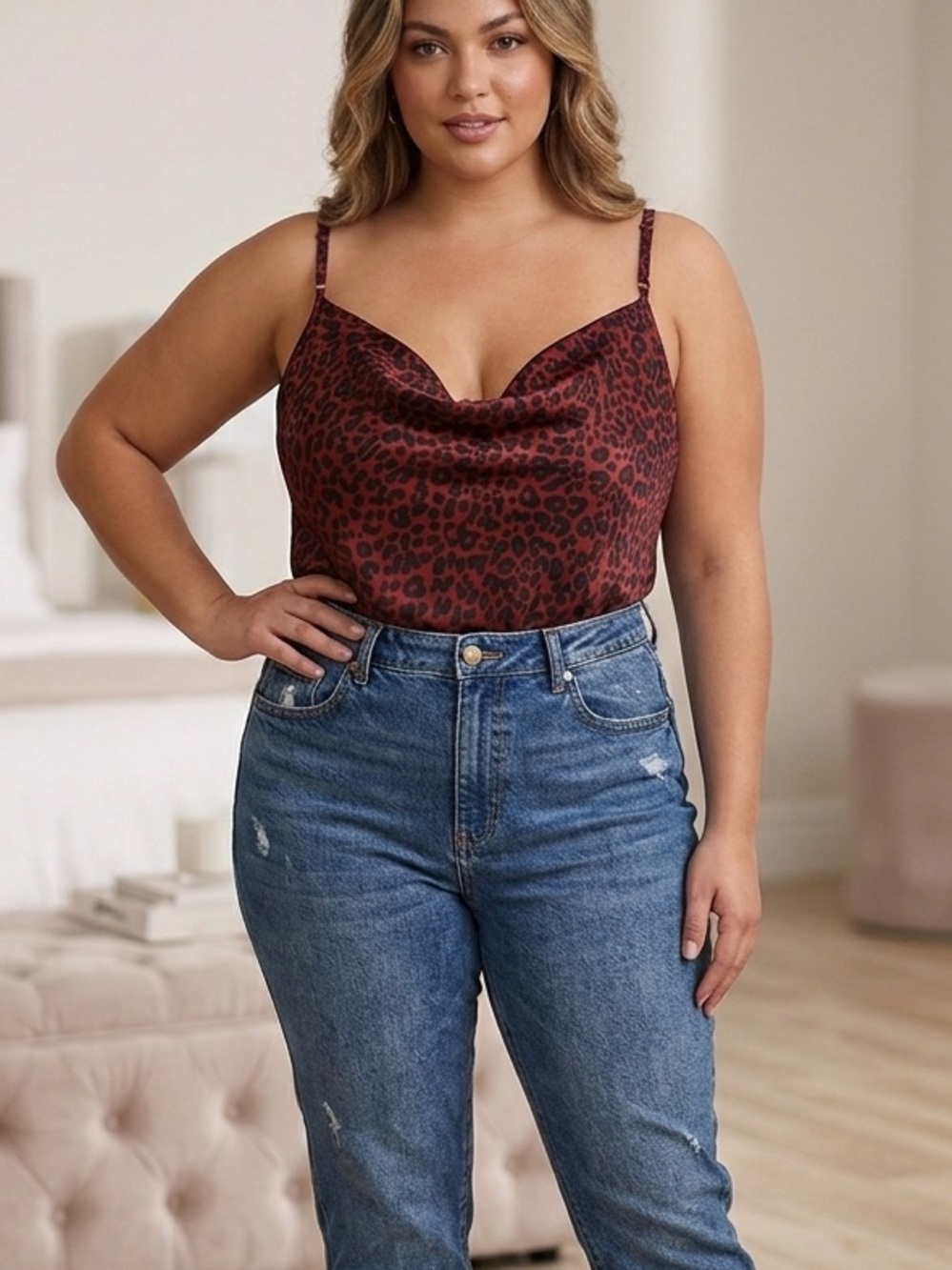 Ava & Viv Red Leopard Print Cowl Neck Camisole